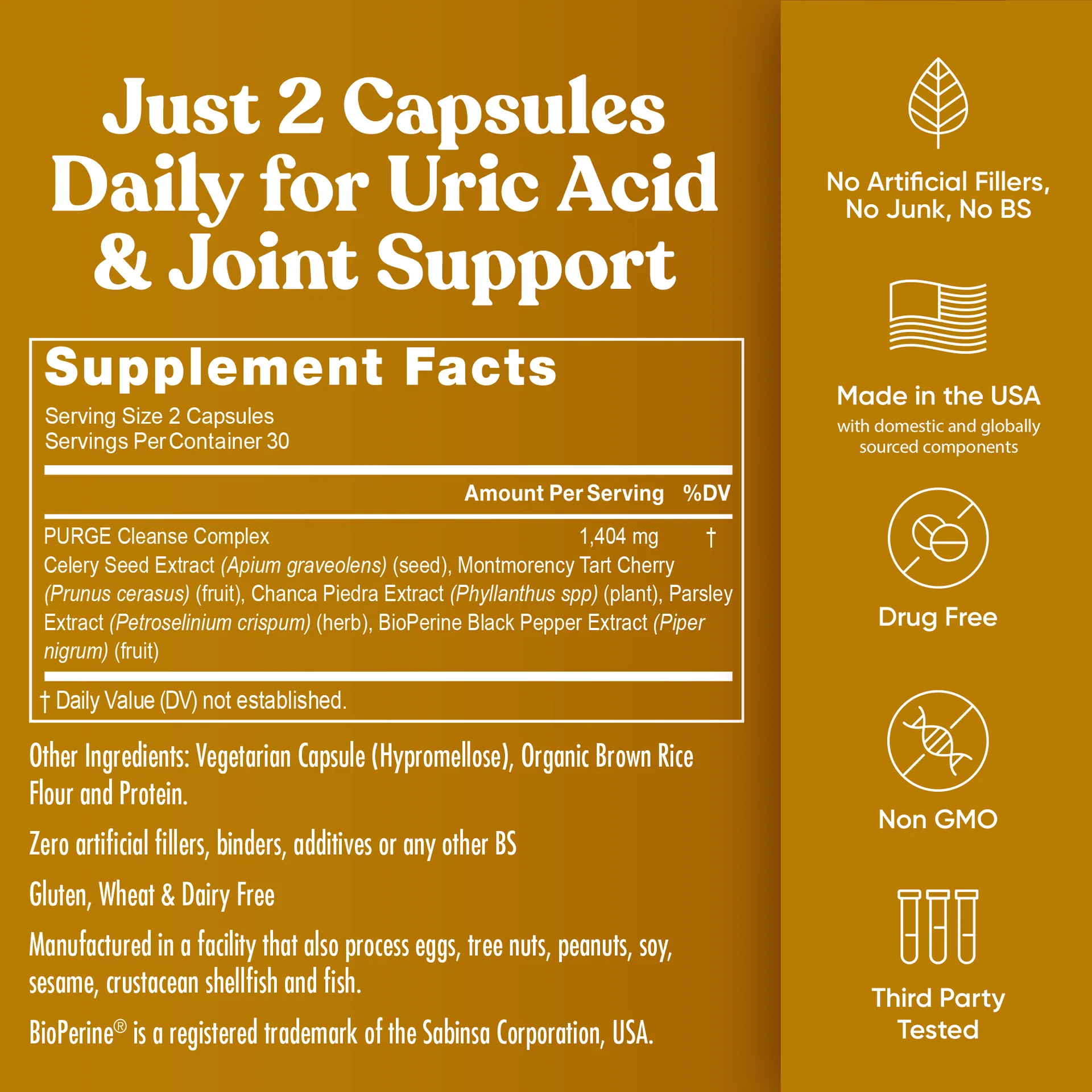 Eu Natural PURGE supplement facts panel showing the 1,404 mg PURGE Cleanse Complex and its five botanicals, with product quality marks
