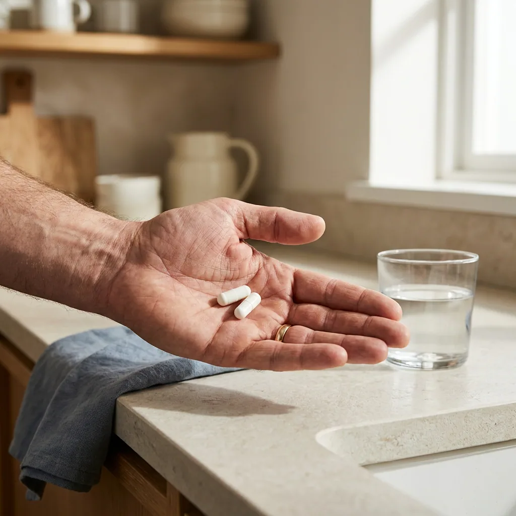 Two capsules in an open palm beside a glass of water and car keys