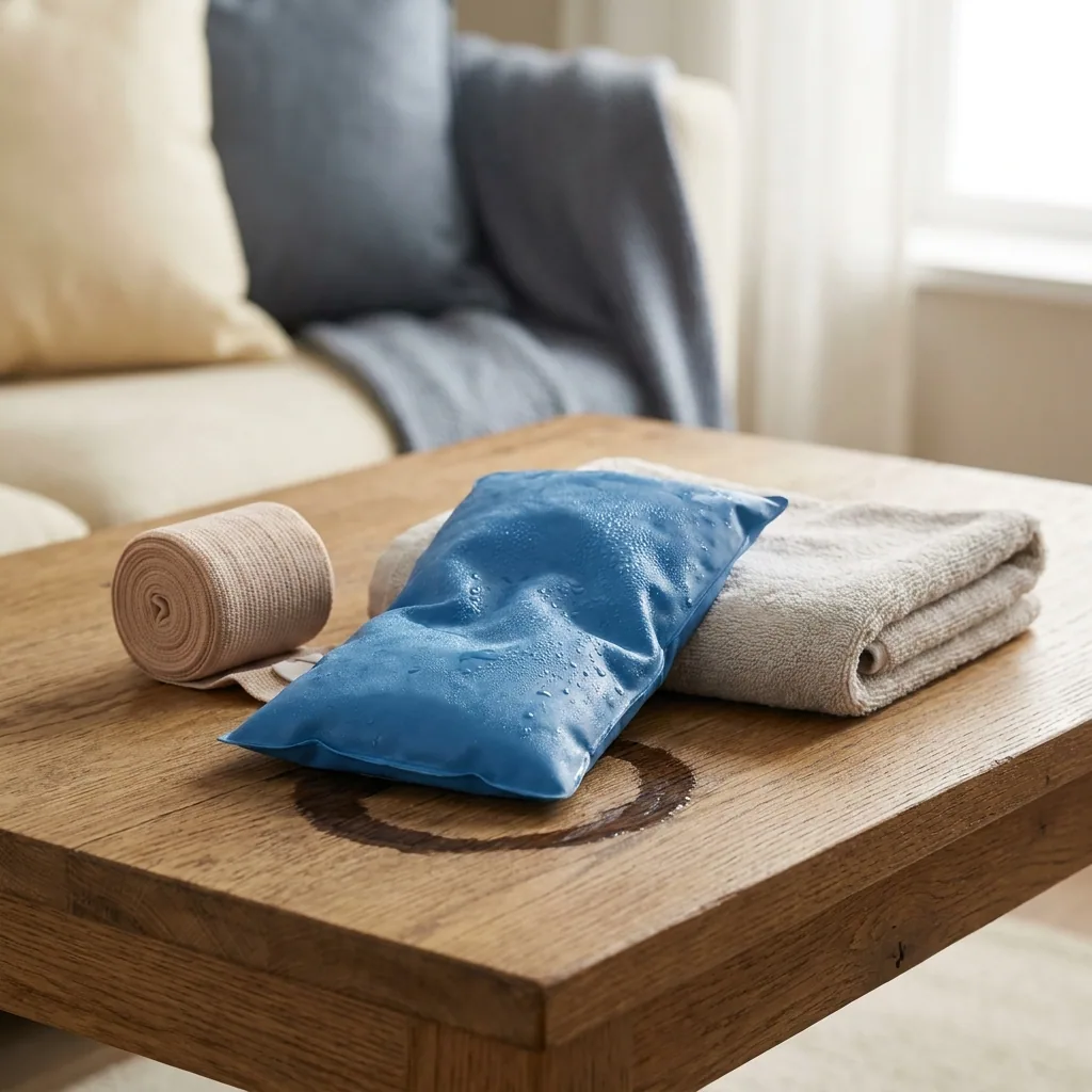 An ice pack, an elastic bandage and a folded towel on a coffee table