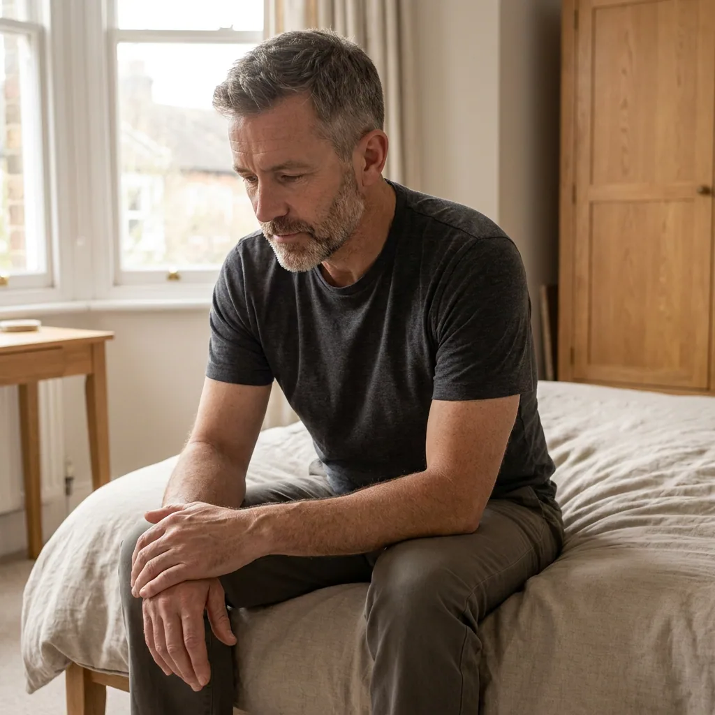 A man on the edge of the bed in the morning, rolling a stiff ankle before standing