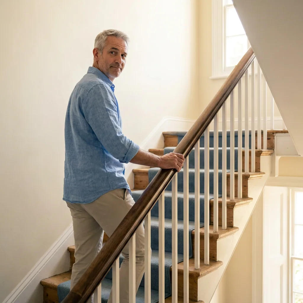 A man pausing partway up the stairs, hand on the bannister